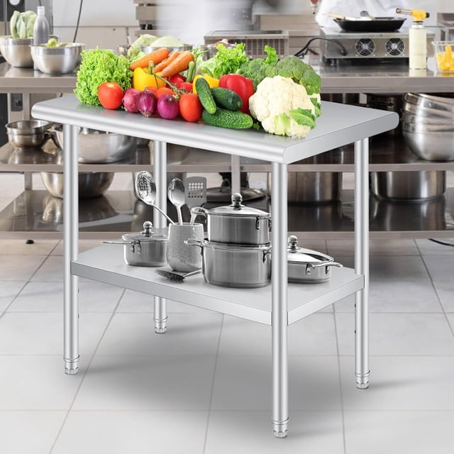 Bingirl Table de Préparation en Acier Inoxydable 30 x 60 Pouces avec Dosseret, Tablette Inférieure Réglable, Table Commerciale Robuste avec Tablette Inférieure Réglable pour Usage Extérieur, Restaurants, Hôtels, Fonctionne