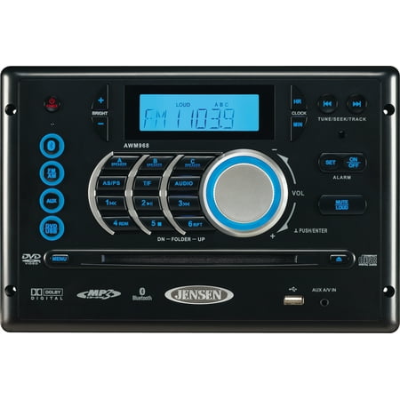 JENSEN AWM968 AM/FM/CD/DVD/USB Bluetooth Stereo, Front USB supports MP3/WMA, DVD Player CD, CD-R, CD-RW, DVD/DVD+R, DVD RW, DVD-R, DVD-RW, DVD-Video, MPEG-4, VCD, JPEG and MP3/WMA Compatible JENSEN AWM968 AM/FM/CD/DVD/USB Bluetooth Stereo, Front USB supports MP3/WMA, DVD Player CD, CD-R, CD-RW, DVD/DVD+R, DVD RW, DVD-R, DVD-RW, DVD-Video, MPEG-4, VCD, JPEG and MP3/WMA Compatible
