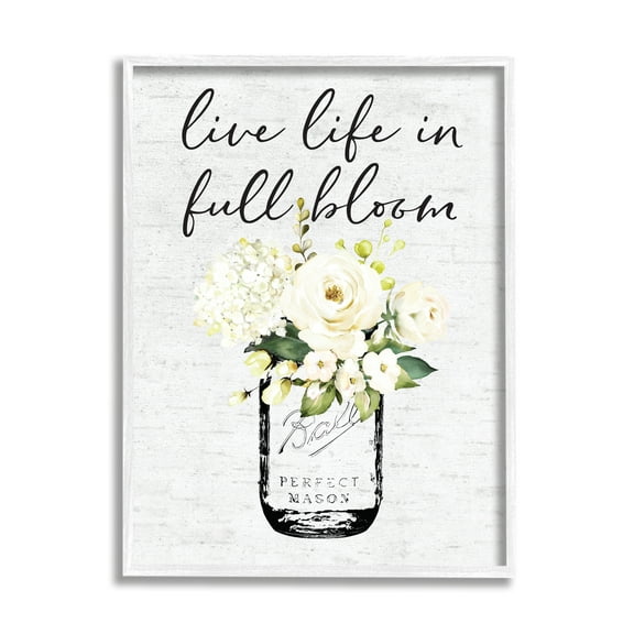 Stupell Industries Live Life Full Bloom White Floral Jar Bouquet, 16 x 20, Design by Lettered and Lined
