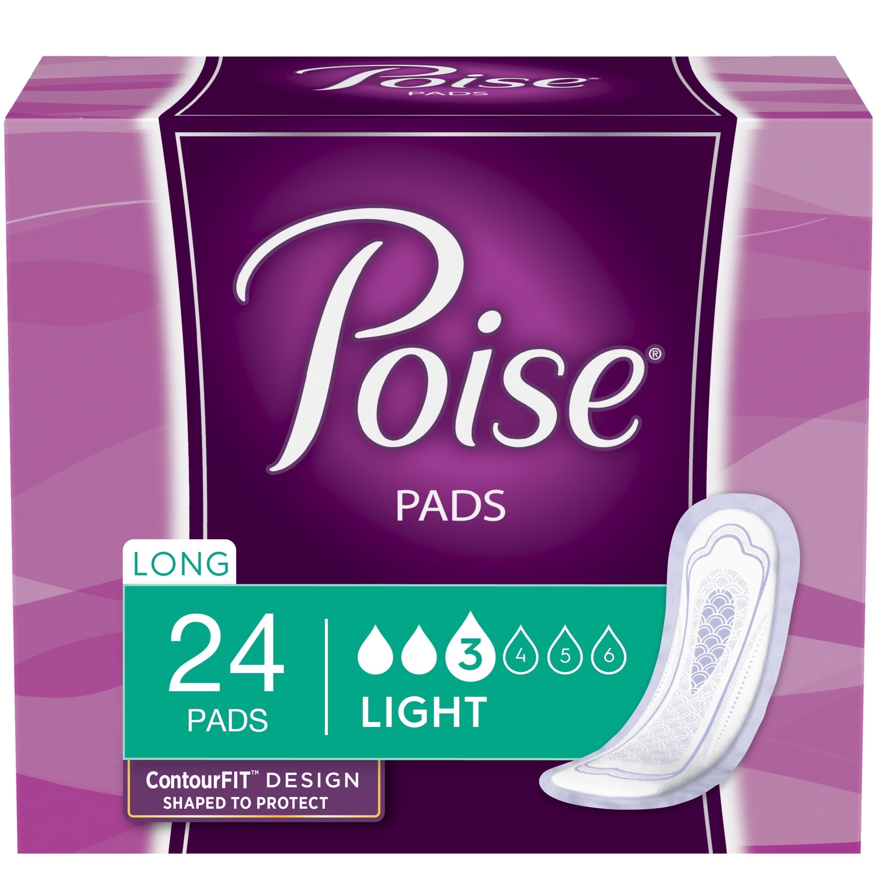 Poise Incontinence Pads for Women, Light Absorbency, Long, 24 Count