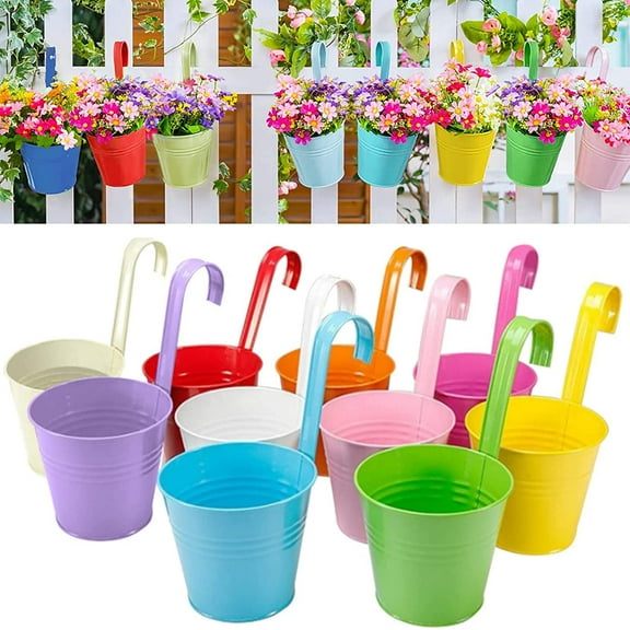 10 Pcs Hanging Plant Pots - 10cm Large Hanging Flower Pots with Drainage and Detachable Hook, Balcony Fence Planters for Railing Metal Iron Plant Pots Outdoor for Garden Home Decor，Random Color