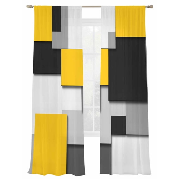 Yellow Black Patchwork Sheer Curtains for Living Room Bedroom, Light-filtering Sheer Curtain, Abstract Retro Art Rod Pocket Voile Window Treatment Drapes, 52’’Wx84’’L, 2 Panels Set