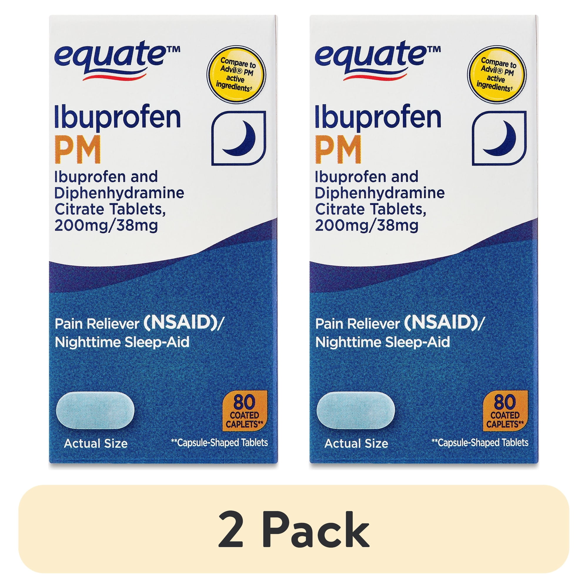 (2 pack) Equate Ibuprofen PM, Sleep Support and Pain Reliver Caplets, 80 Count