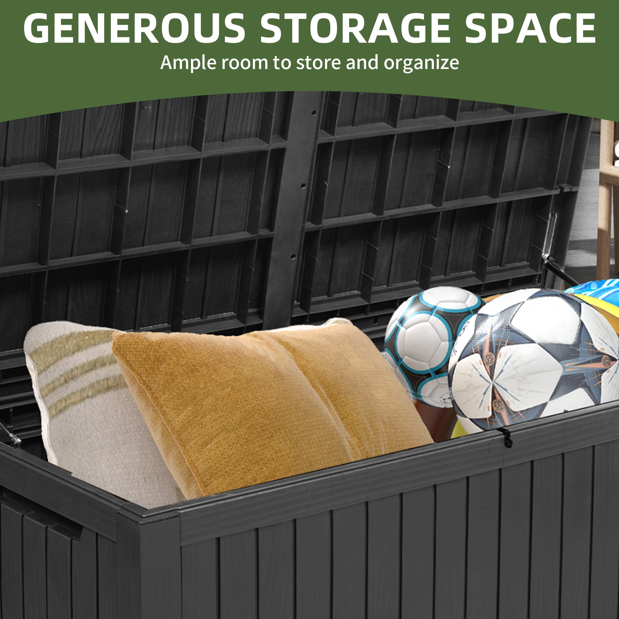 Uforic 150 Gallon Large Outdoor Deck Box, Waterproof Resin Storage with Divider, Lockable, for Patio Cushions Garden Tools Pool Supplies, Dark Black
