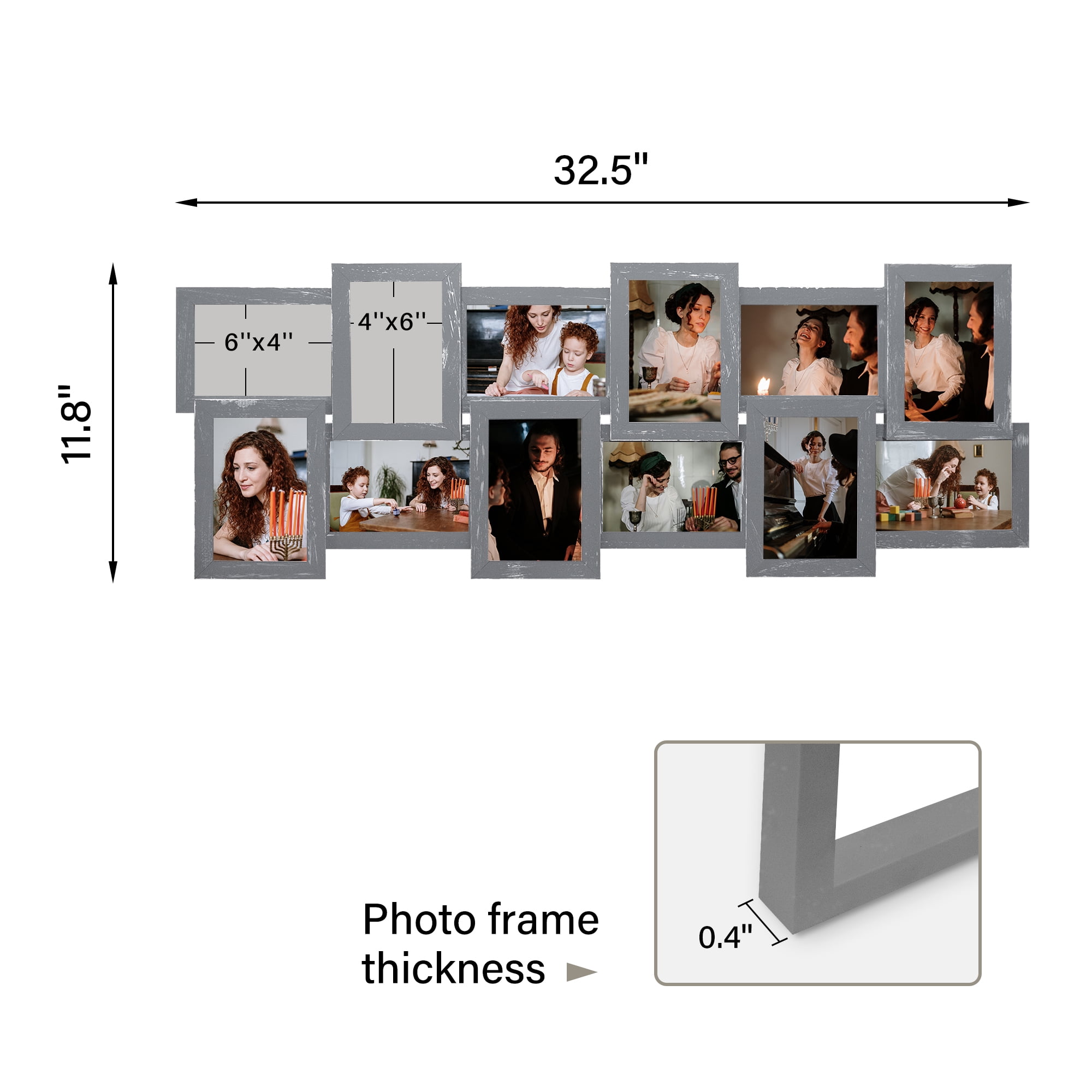 Classic Gallery Display  Multi Photo Frame 12 Openings Picture Frames 4x6 Collage Gray For Wall