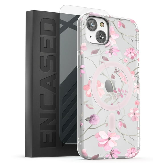 Encased Magnetic Case Designed for iPhone 14 PLUS with Screen Protector - Compatible with MagSafe Phone Accessories (Pink Flowers)