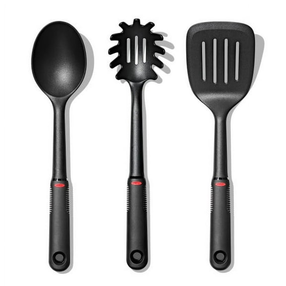OXO SoftWorks 3-Piece Nylon Utensil Set, Black – Spoon, Spaghetti Server & Slotted Turner