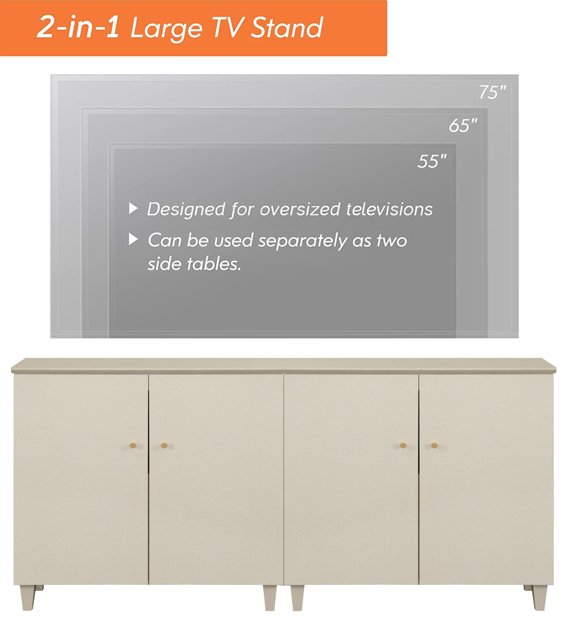 Wooden TV Stand Cabinets for 75 Inch TVs, Set of 2 Beige Entertainment Center with 6 Storage Compartments, 2 Cabinets in 1 Pack