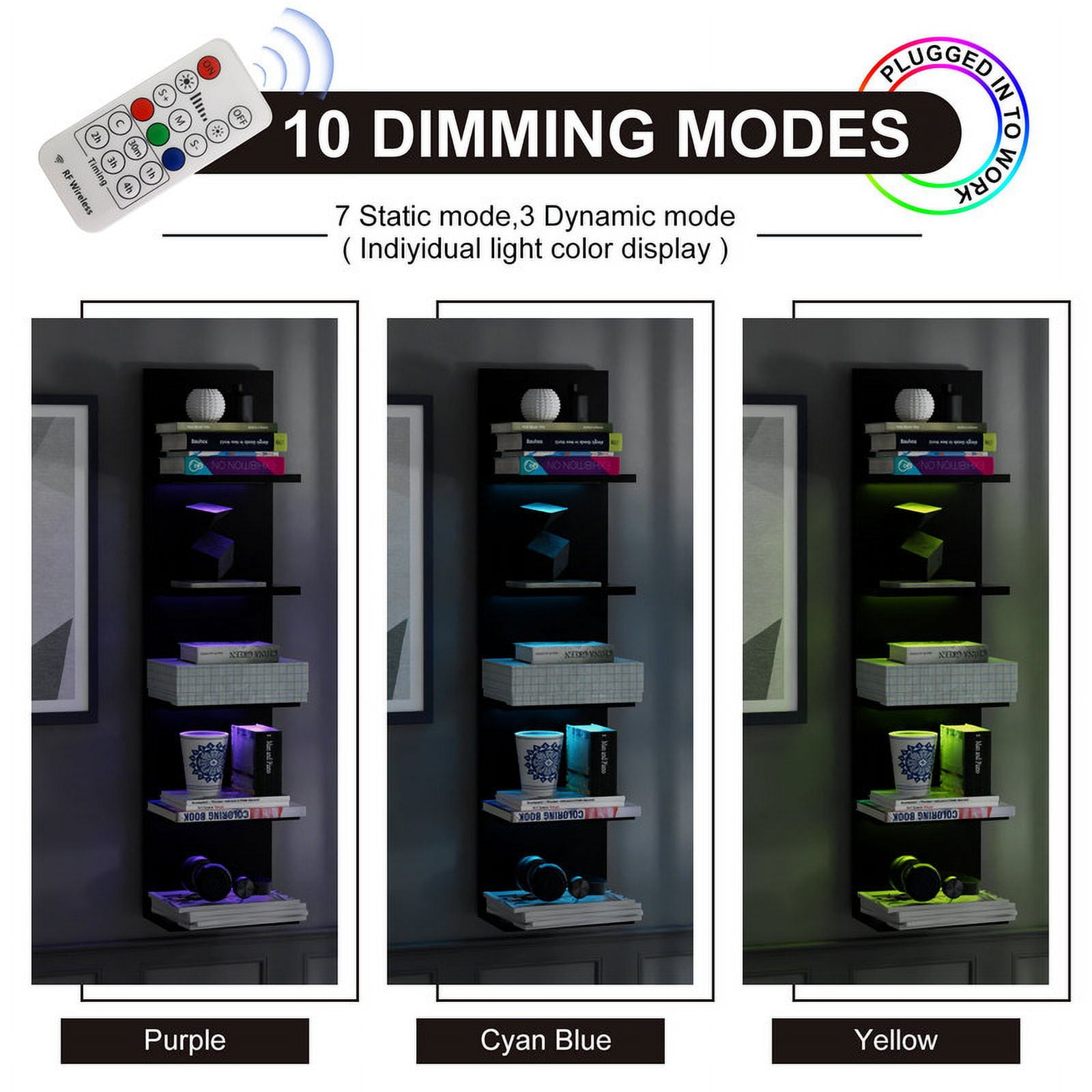 Black 5 -Tier Remote Control RGB Lighted Wall Floating Shelf Bookcase Bedroom Living Room Wall Storage Cabinet