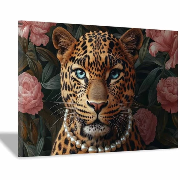 Mudket Framed Leopard with Pearl Necklace and Flowers Canvas Wall Art, Elegant Leopard Print Wall Decor, Vintage Animal Wall Art Ready to Hang - 12"L x 8"W