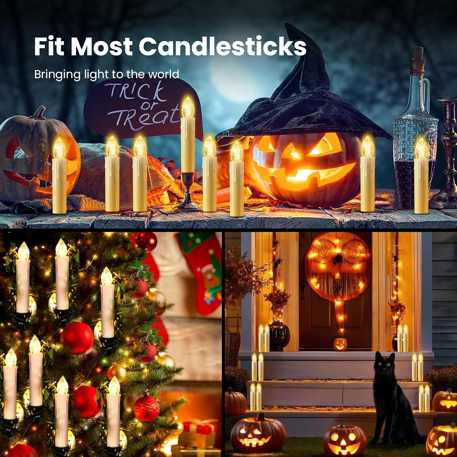 Flameless Christmas Trees Candles, Cimetech 12PCS LED Flickering Lights Battery Operated Candlesticks with Remote Timer/Clips, Warm White Window Taper Candle for Home Wedding Easter Festival Decor