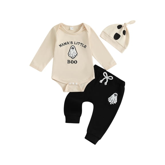 My First Halloween Baby Boy Outfit Ghost Embroidery Long Sleeve Romper Joggers Pants and Hat 3Pcs Fall Winter Clothes Set