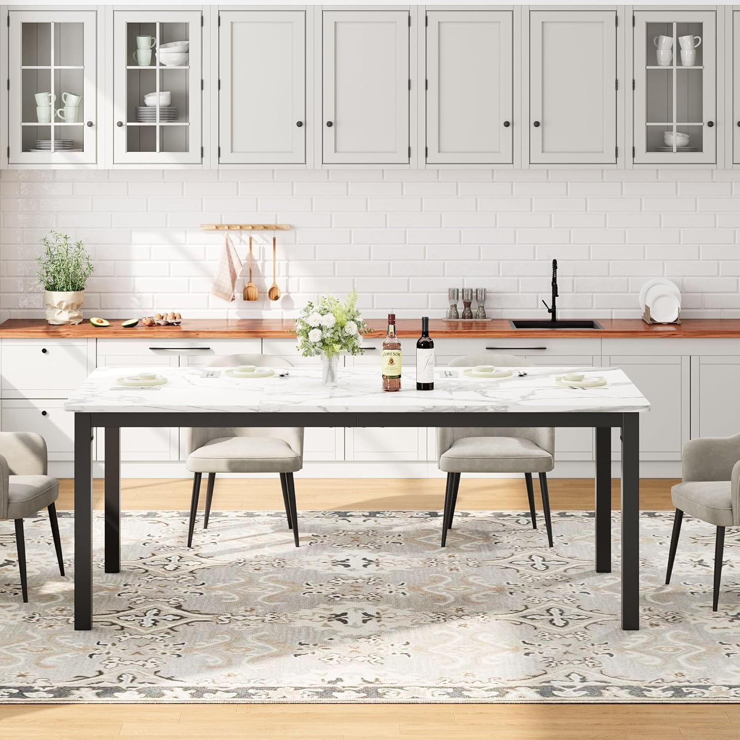 Garvee 70.8" Long Dining Table for 6-8 People, Large Rectangular Kitchen Table with Sturdy Metal Legs, Modern Industrial Dining Table with Rounded Corners, White Marble
