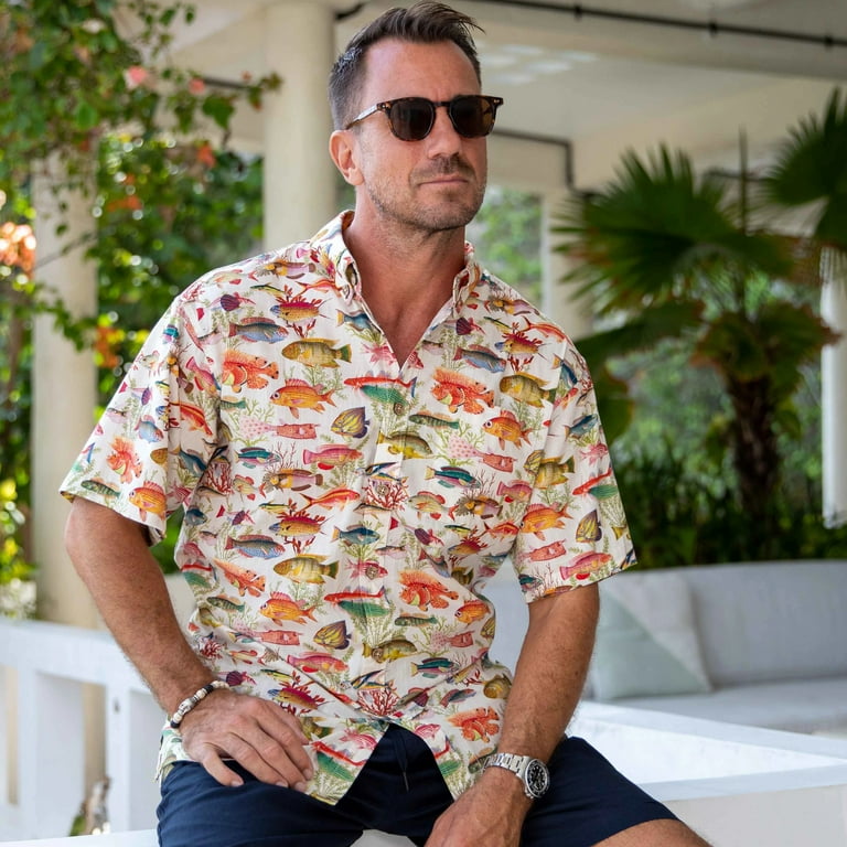 YIUME Men's Hawaiian Shirt Sea Ocean Fish Print Cotton Button-down Short  Sleeve Aloha Shirt
