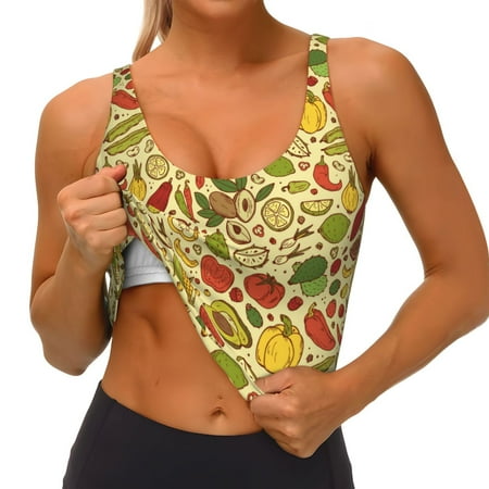Qokaie Fruits And Vegetables Pattern Womens Scoop Neck Sports Bra Breathable Workout Vest Padded U Back Medium Impact Fitness Gym Yoga Bra Workout Crop Top