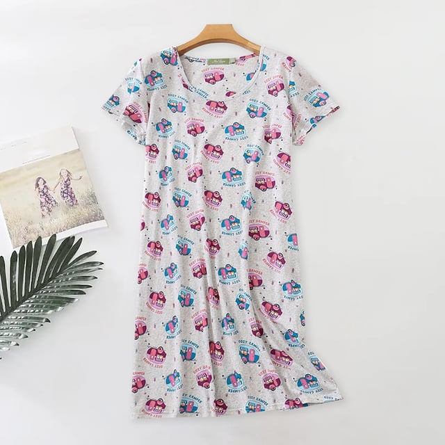 Pyjamas en Coton pour Femmes, Chemise de Nuit Grande Taille Vêtements Tricotés Doux Manches Courtes Col Rond, Rose Vif P-TG