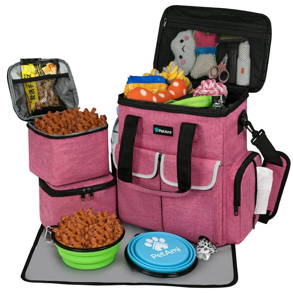 PetAmi Dog Travel Bag Pet Supplies Accessories Organizer For Traveling, Camping, Weekend; Cat Pet Travel Bag Kit includes 2 Food Storage Containers, 2 Collapsible Bowls, 1 Feeding Mat (Pink)
