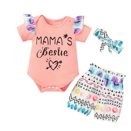 

EHTMSAK Newborn Infant Baby Toddler Girl 3PCS Outfits Summer Letter Print Short Sleeve Bodysuit and Floral Shorts Set Clothing Set with Headband Pink 0-18M 90