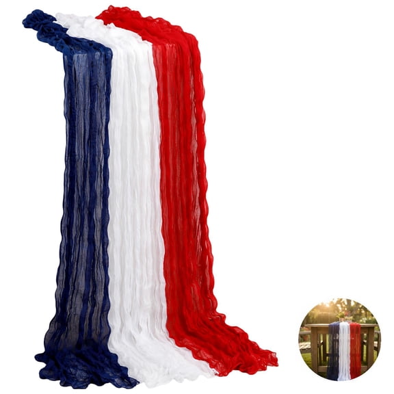 Red White and Blue Table Runner with Wrinkled Cheesecloth Texture, Spliced Gauze Tablecloth for Home Party Decor