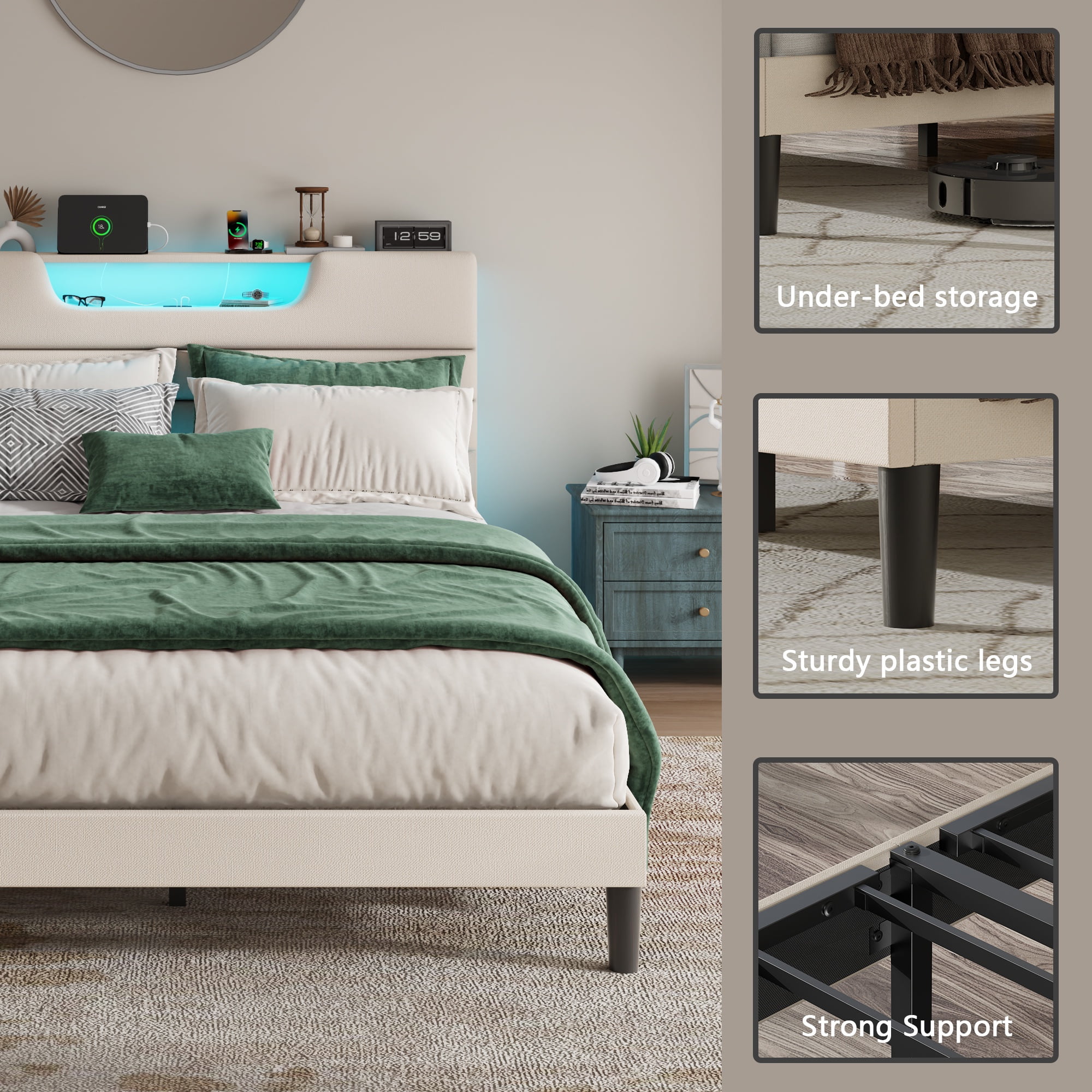 Tydimor Beige Fine Linen Fabric Bed Frame with LED Lights & Charge Station, Twin Size Bed Frame with Upholstered Headboard, No Box Spring Needed