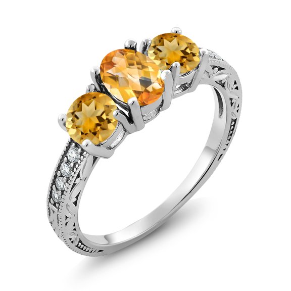 Gem Stone King 2.30 Ct Oval Checkerboard Yellow Citrine 925 Sterling Silver Moissanite Ring (Size 9)