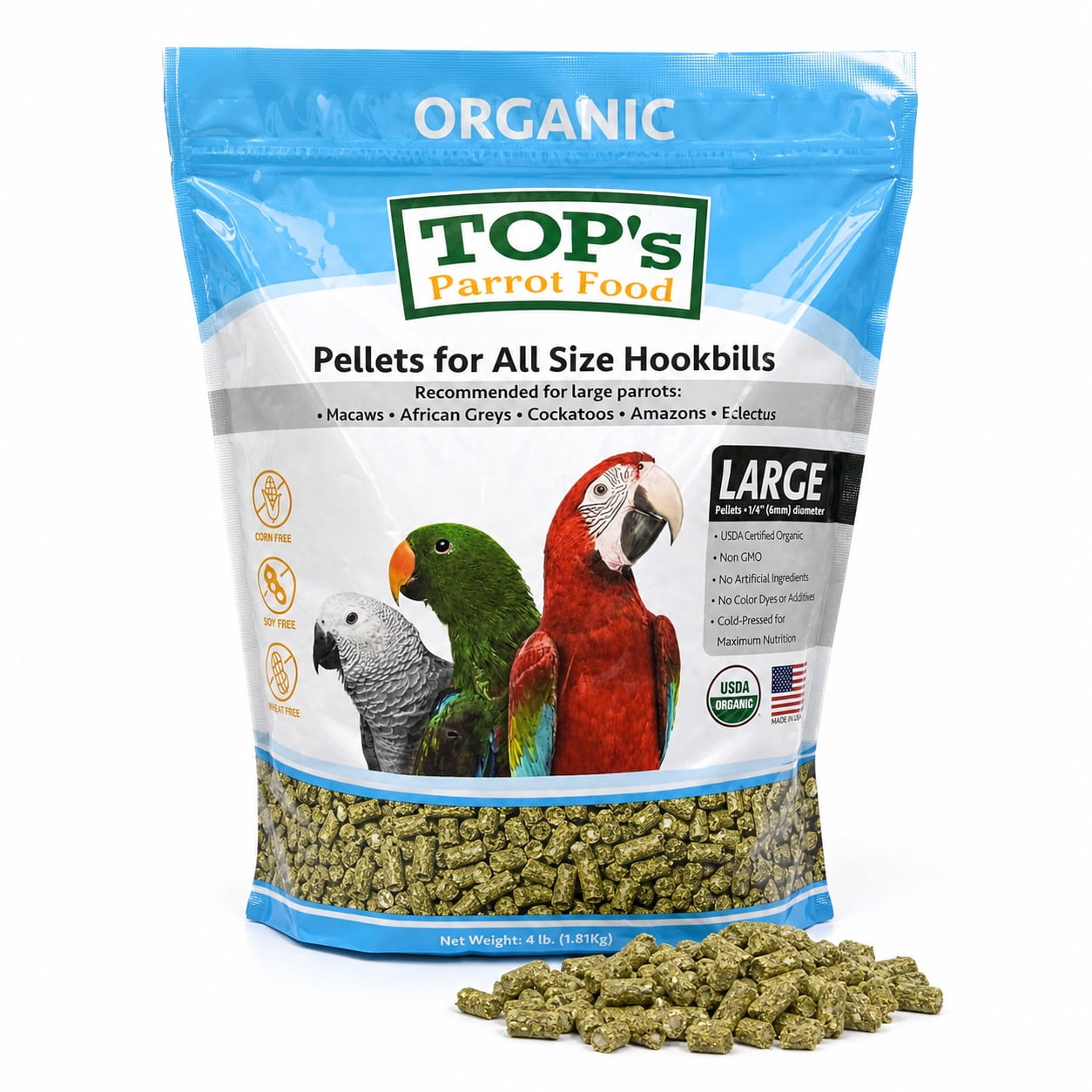 TOP's Parrot Food Large Pellets for Macaws, Greys, Cockatoos, Eclectus, USDA Certified nOrganic, Non-GMO, Corn, Soy & Peanut Free, 1 lb