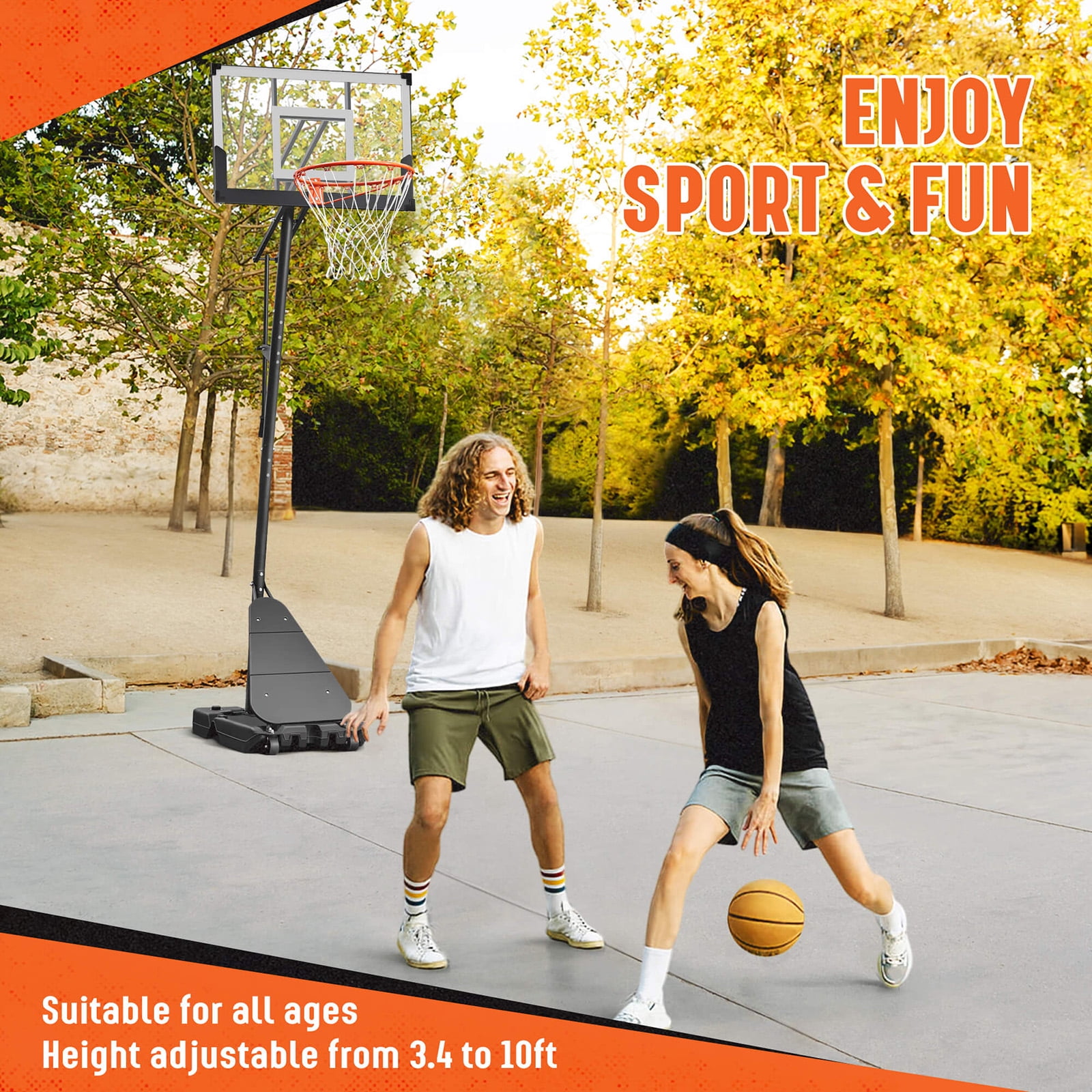 SERAY Adjustable Basketball Hoop 3.4-10 Feet, Portable Basketball Goal with 40 Inch Shatterproof Backboard & Wheels, Indoor/Outdoor Basketball System for Kids, Teens & Adults