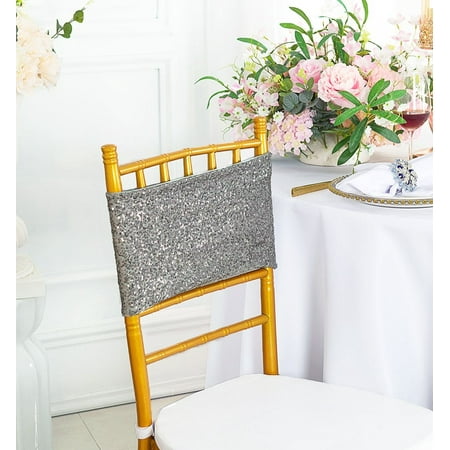 

Wedding Linens Inc. (10pcs) 7 x 13 Sequin Spandex Elastic Lycra Stretch Chair Bands Chair Sashes for Wedding Luxury Events Party use - Silver