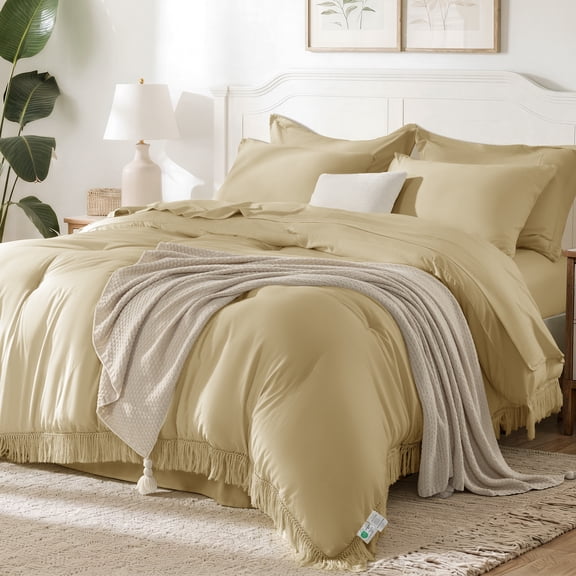 SONORO KATE 7 Pieces Queen Comforter Set – Tassels Boho Bed in a Bag, All Season Bedding Set with 1 Fitted Sheet, 1 Flat Sheet, 2 Pillowcases & 2 Shams, Beige