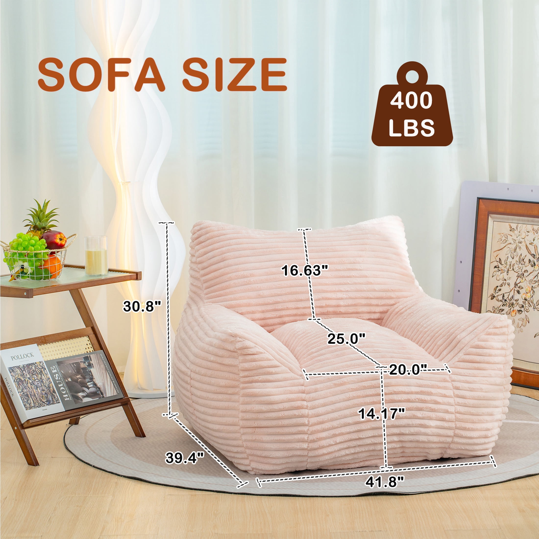 PORKISS Giant Bean Bag Chairs for Adults, Big Comfy Chair Sofa with Corduroy Fabric, Ultra Soft Lazy Floor Sofa Chair with Storage Side Pockets for Family, Pink