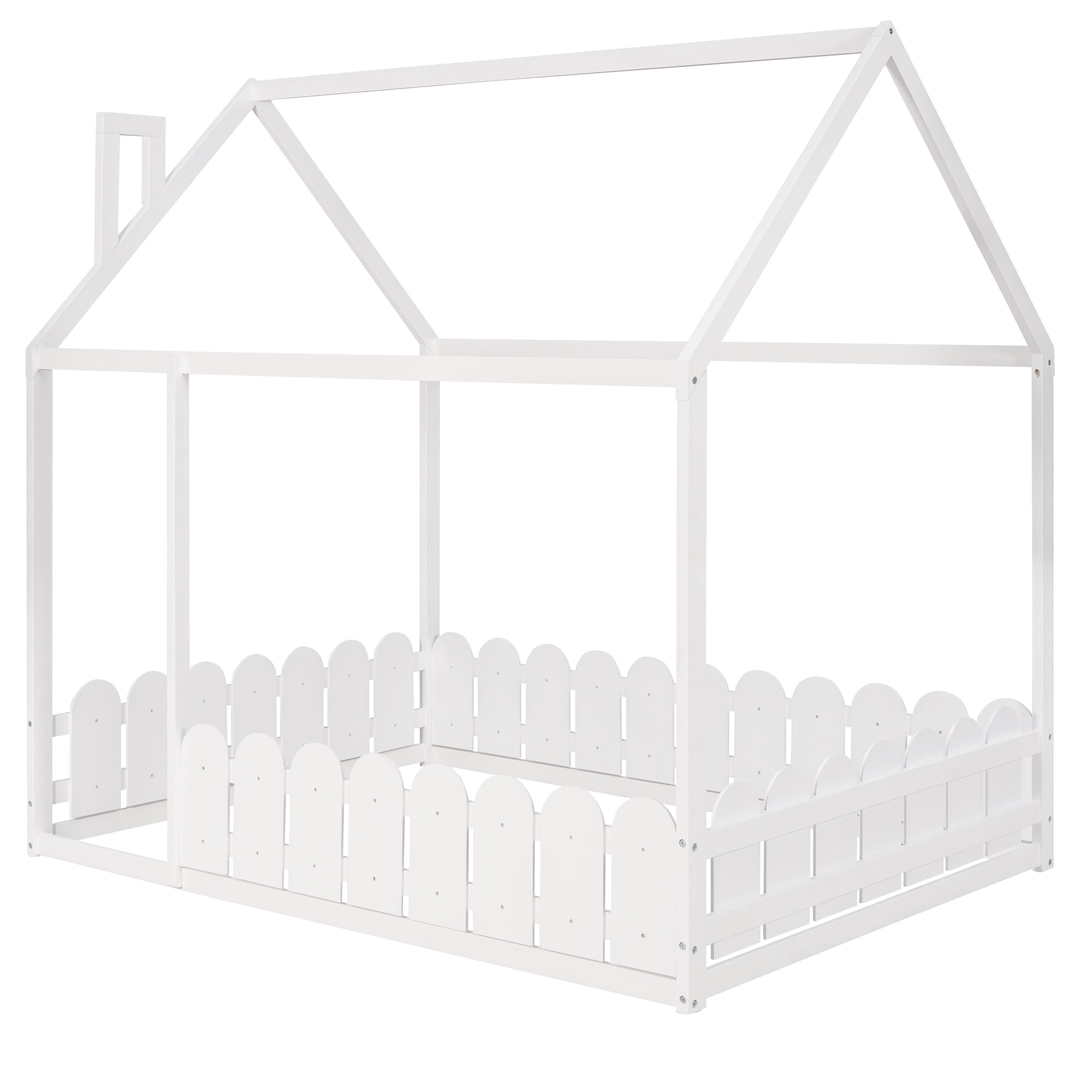 Leumius Full Size Wood House Bed with Fence & Roof,Montessori Bed Floor Bed with Safety Guardrails for Boys & Girls,White