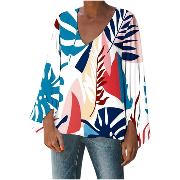 Blusa informal con cuello en V y manga larga abullonada estampada para mujer Fridja czfsfas4705