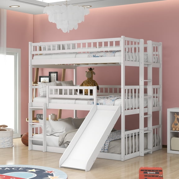 Pinovk Full-Over-Full-Over-Full Triple Bed with Built-in Ladder and Slide , Triple Bunk Bed with Guardrails, White(OLD SKU :LP000052AAK)