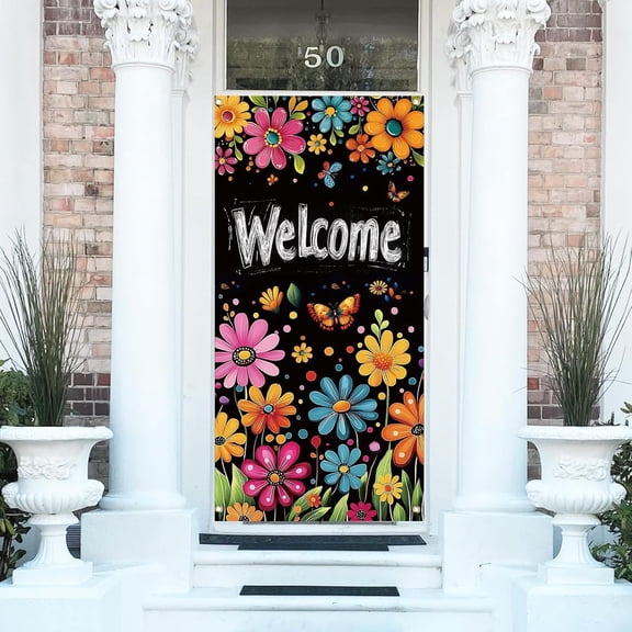 1 Pc Welcome Theme Polyester Door Cover School Blackboard Colorful Florals Welcome Backdrop Banner Door Porch Sign otogray