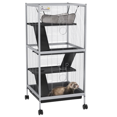 Pet Cage for Rodents and Ferrets, 3-Tier Steel Wire Structure with 3 Ramps, Hammock, Removable Tray and Wheels, White