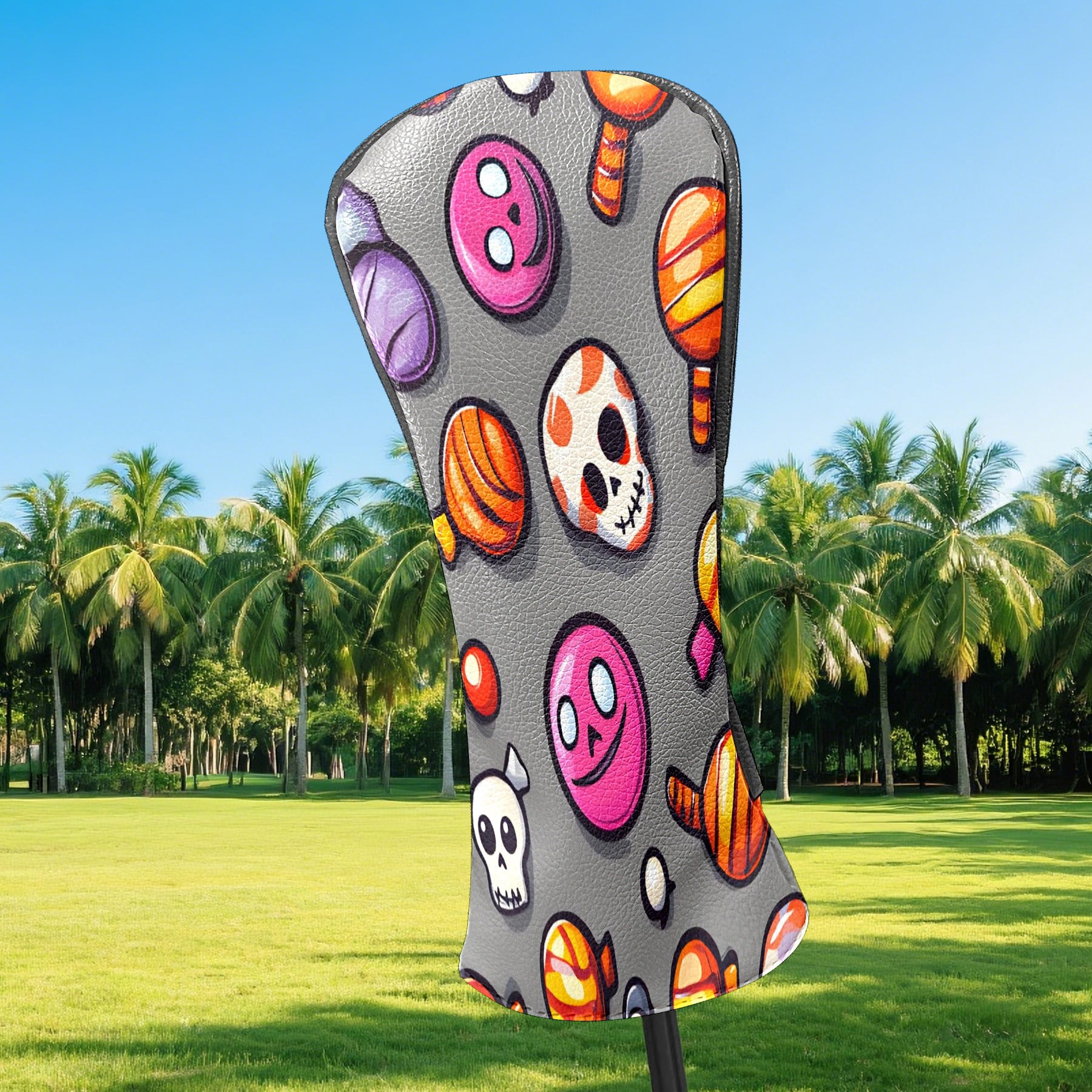Golf Club Covers, Gray HalloweenCandy Premium PU Leather Driver Hybrid Putter Head Covers with Velvet Lining, Waterproof Golf Gifts for Men Women
