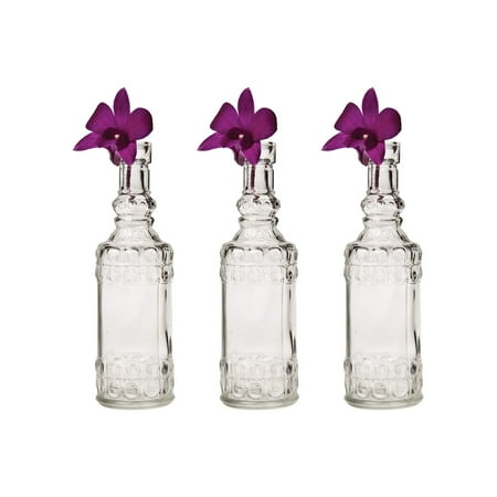 Small Vintage Glass Bottle Set (6.5-Inch, Calista Cylinder Design, Clear, Set of 3) - Flower Bud Vase Set - For Home Decor and Wedding