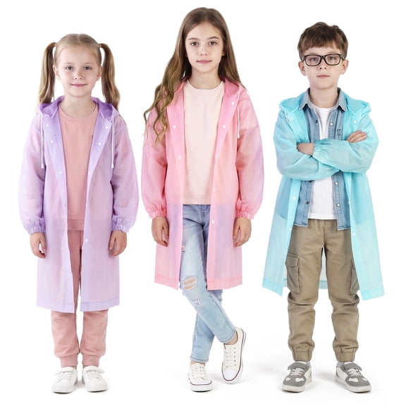 Bocaoying 3 Pack Reusable Rain Ponchos for Kids, Waterproof Raincoats with Hood Drawstring, Thickened Tearproof Emergency Rain Gear for Boys Girls, Unisex, Foldable, Multicolor, One Size