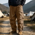 thumbnail image 2 of Mens Cotton Cargo Pants Baggy Vintage Drawstring Waist Multi Pocket Outdoor Hiking Trousers Brown 3XL, 2 of 6