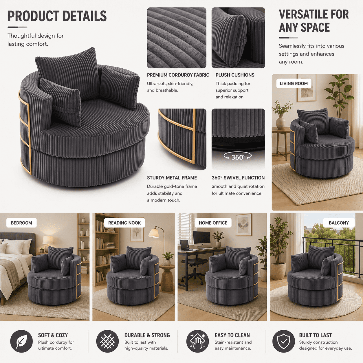 MOONMISS Swivel Barrel Accent Chair with Hidden Storage,Corduroy Round Single Sofa,Gold Metal Frame,for Living Room Reading Nook,Gray