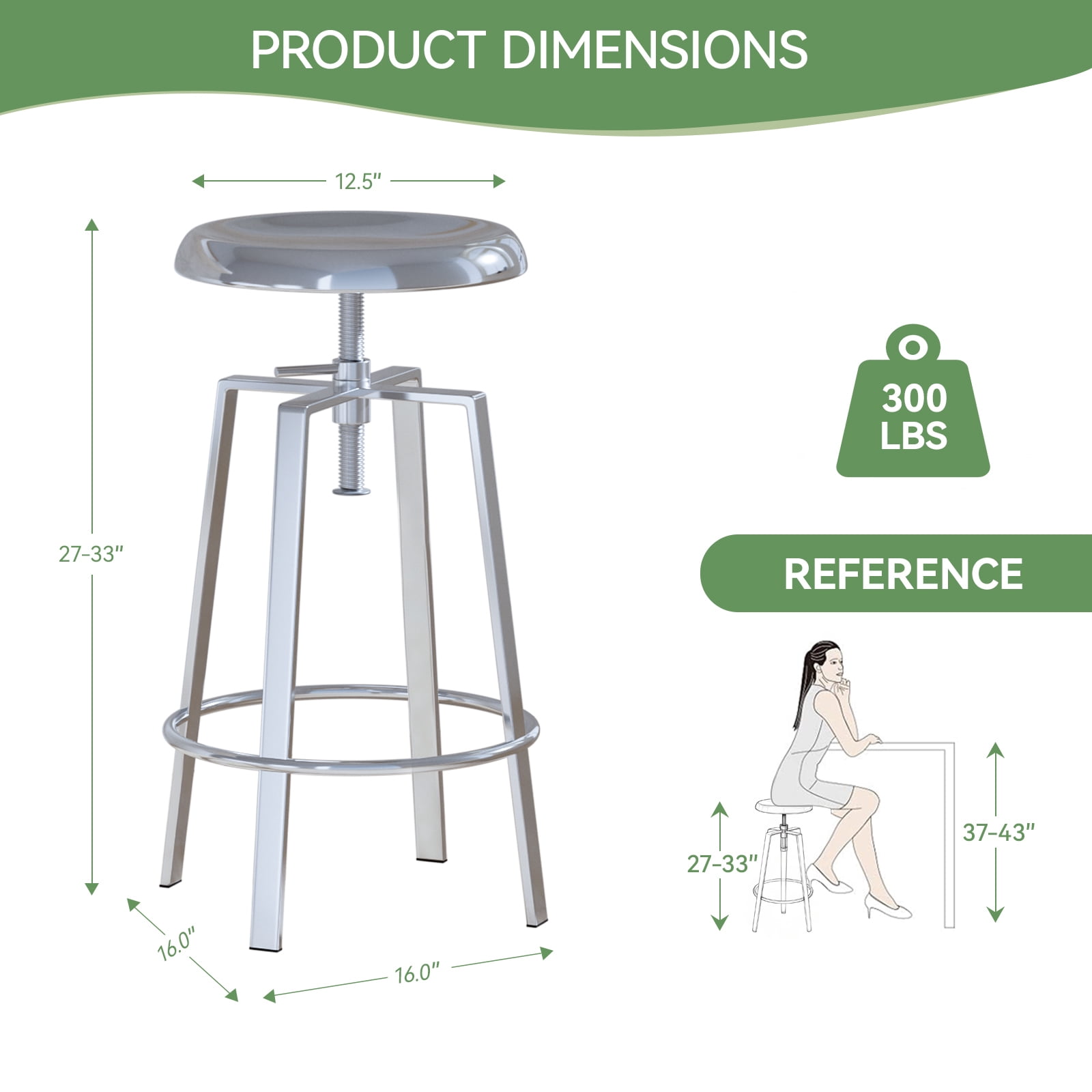 Industrial Bar Stools Set of 2, Metal Adjustable Swivel Four Legged Round Barstools, Atlas Backless Counter Height Bar Chairs for Kitchen Dining, Silver