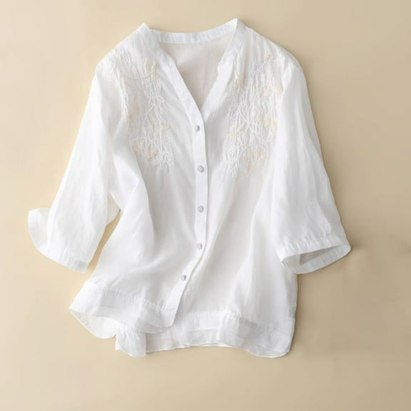 Njoeus Women's Cotton Linen Shirts High Low Button Up Embroidered Blouse 3/4 Sleeve Tunic Tops M-XXL