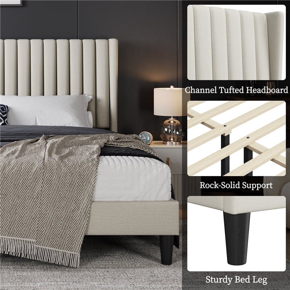 Yaheetech Upholstered Platform Bed Frame with Channel Tufted Headboard, King, Ivory