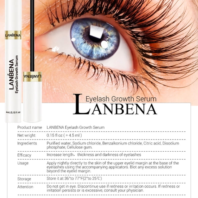 latisse lanbena eyelash growth eye serum 7 días pestañas cejas potenciador cuidado de los ojos frasco de 4,5 ml con aplicador de pincel delgado visible junto a un ojo en primer plano; envase blanco con banda dorada y logo LANBENA, texto de ingredientes parcialmente visible, indicado para crecimiento de pestañas y cejas y resistente al agua según especificaciones; también suele usarse para cuidar pestañas después del maquillaje.
