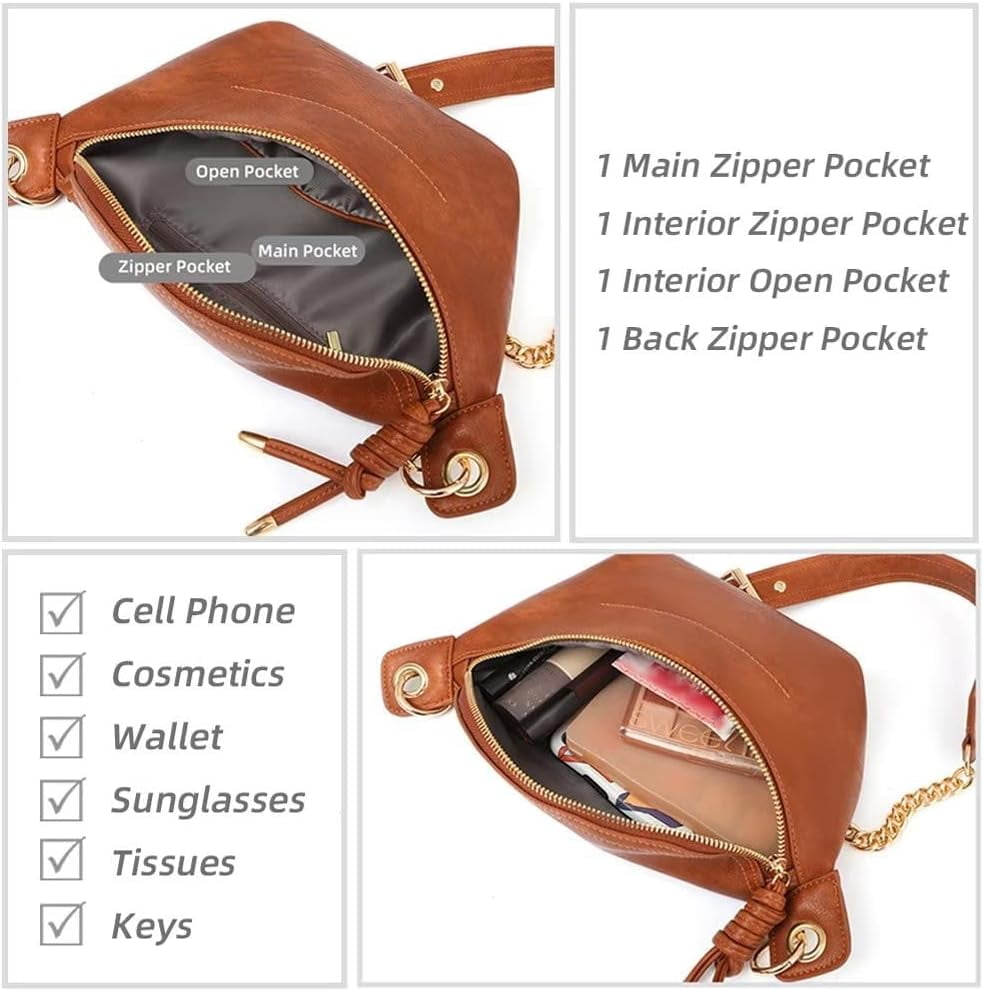 MMYGU Sling Bag for Women Vintage PU Leather Crossbody Bag Roomy Shoulder Purse Designer Fanny Pack with Chain Strap