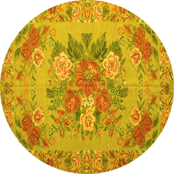 Ahgly Company Machine Washable Indoor Round Medallion Yellow French Area Rugs, 6' Round