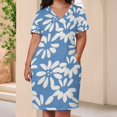 thumbnail image 4 of Blue Background White Floral Pattern Summer Sundress for Curve Women Casual Pattern Plus Size V Neck Short Sleeve Loose Fit Oversize Dresses, 4 of 6