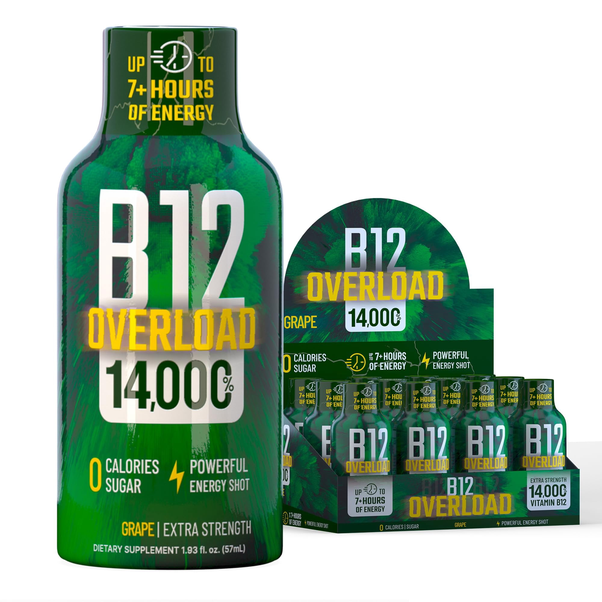 Vitamin Energy B12 Overload Extra Strength Shot, Grape, 12 Pack – 260mg Natural Caffeine, 14,000% DV B12 & Electrolytes, Zero Sugar, 1.93 fl oz