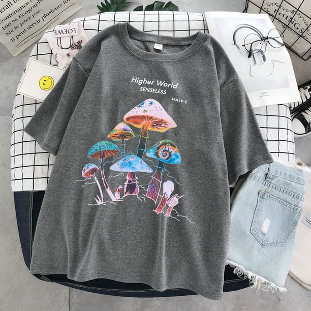 Harajuku T-shirt with Colorful Mushroom Print Street casual Streetwear 2020 Harajuku Casual T-shirt Female Pullover Topspangjing