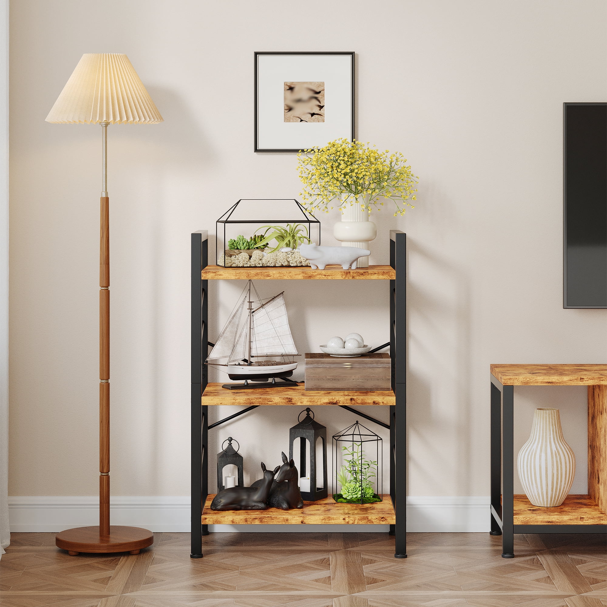 EnHomee 3-Tier Industrial Bookcase with Metal Frame & Side Support, Rustic Brown Compact Bookshelf for Bedroom, Home Office, Living Room Storage